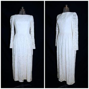 VTG 60's White Lace BoHo Peasant Maxi Dress S/M